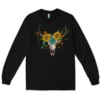 Black boho bullskull with sunflower and gemstone Long Sleeve Tee - Artiststas