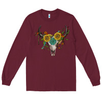 Burgundy boho bullskull with sunflower and gemstone Long Sleeve Tee - Artiststas