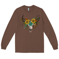 Chestnut boho bullskull with sunflower and gemstone Long Sleeve Tee - Artiststas