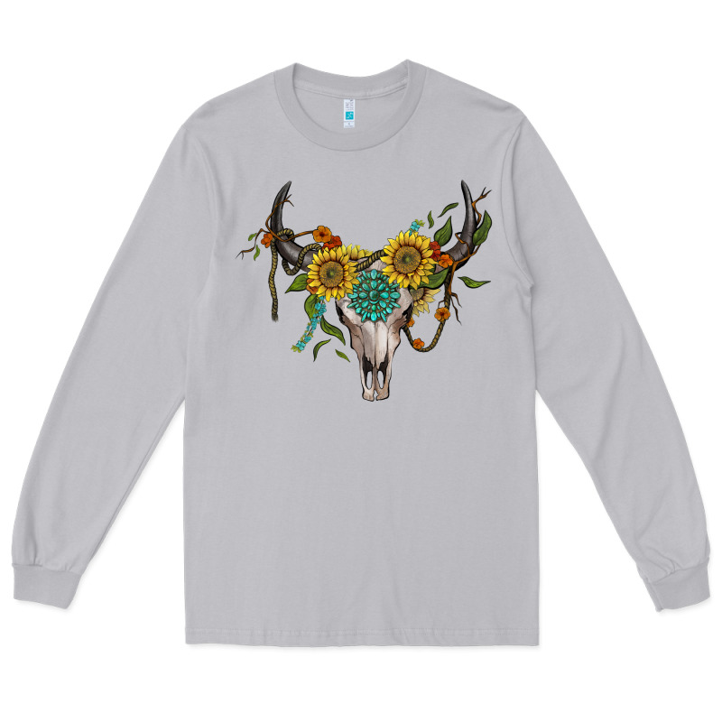 Boho Bullskull With Sunflower And Gemstone Long Sleeve Tee by Artiststas | Teevron