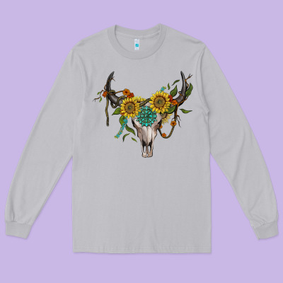 Boho Bullskull With Sunflower And Gemstone Long Sleeve Tee Designed By Artiststas