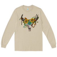 Mushroom boho bullskull with sunflower and gemstone Long Sleeve Tee - Artiststas