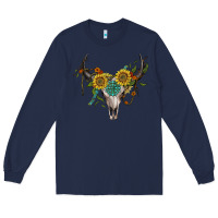 Navy boho bullskull with sunflower and gemstone Long Sleeve Tee - Artiststas
