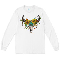 White boho bullskull with sunflower and gemstone Long Sleeve Tee - Artiststas
