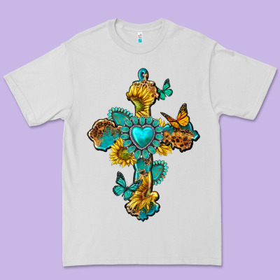 Premium Tee western cross with gemstone and sunflowers