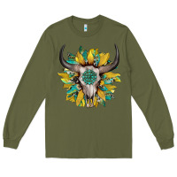 Army Green boho bullskull with sunflower and gemstone Long Sleeve Tee - Artiststas