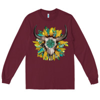 Burgundy boho bullskull with sunflower and gemstone Long Sleeve Tee - Artiststas