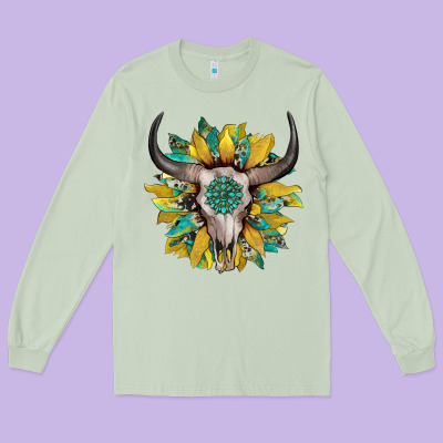 Boho Bullskull With Sunflower And Gemstone Long Sleeve Tee Designed By Artiststas