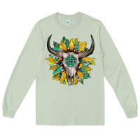 Matcha boho bullskull with sunflower and gemstone Long Sleeve Tee - Artiststas