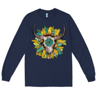 Navy boho bullskull with sunflower and gemstone Long Sleeve Tee - Artiststas