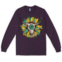 Plum boho bullskull with sunflower and gemstone Long Sleeve Tee - Artiststas