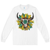 White boho bullskull with sunflower and gemstone Long Sleeve Tee - Artiststas