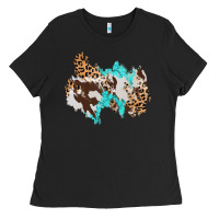 Black cowhide leopard turquoise patch Ladies Tee - AdoDesignShop