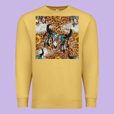 Western Bull Skull And Sunflowers With Leopard Seamless Pattern Premium Sweatshirt Designed By Bundleandbundleshop