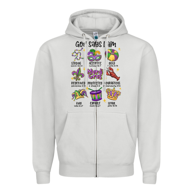 God Says I Am Mardi Gras Zipper Hoodie by MaliasSmallBusiness | Teevron