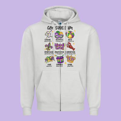 God Says I Am Mardi Gras Zipper Hoodie Designed By Maliassmallbusiness