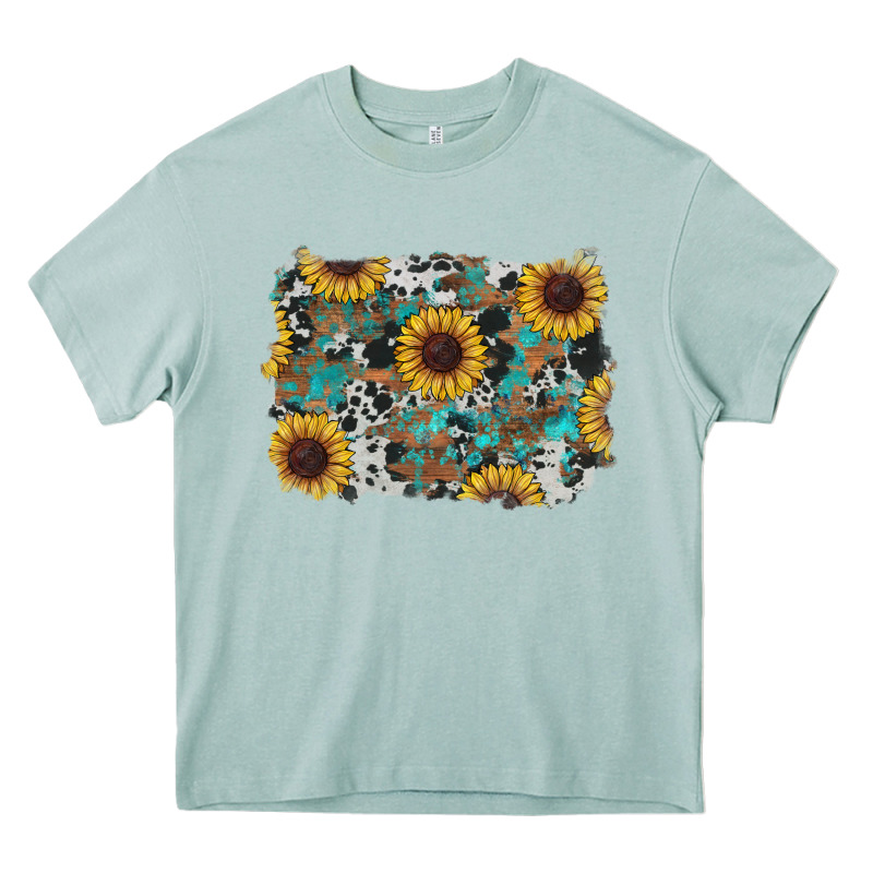 Western Sunflowers Turquoise Cowhide Background Heavy Core Tee by RanaPortraitStore | Teevron