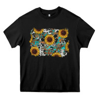 Black western sunflowers turquoise cowhide background Heavy Core Tee - RanaPortraitStore