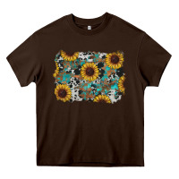 Chocolate Brown western sunflowers turquoise cowhide background Heavy Core Tee - RanaPortraitStore