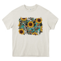 Cream western sunflowers turquoise cowhide background Heavy Core Tee - RanaPortraitStore
