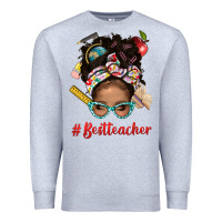 Heather Grey Afro Messy Bun Best Teacher With Leopard Glasses Bbs Premium Sweatshirt - BundleAndBundleShop