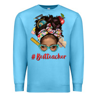 Ocean Blue Afro Messy Bun Best Teacher With Leopard Glasses Bbs Premium Sweatshirt - BundleAndBundleShop