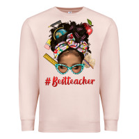 Pale Pink Afro Messy Bun Best Teacher With Leopard Glasses Bbs Premium Sweatshirt - BundleAndBundleShop