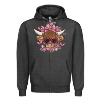 Charcoal Heather cow with flowers and butterflies Zipper Hoodie - MaliasSmallBusiness