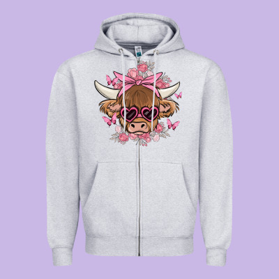 Cow With Flowers And Butterflies Zipper Hoodie Designed By Maliassmallbusiness