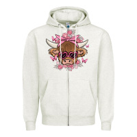 Oatmeal Heather cow with flowers and butterflies Zipper Hoodie - MaliasSmallBusiness