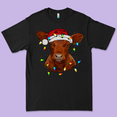 Premium Tee Christmas baby red angus calf with lights