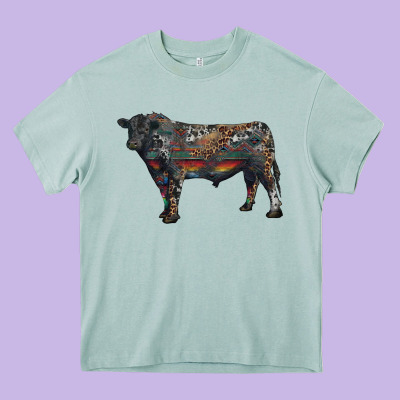 Heavy Core Tee black angus bull with western patterns