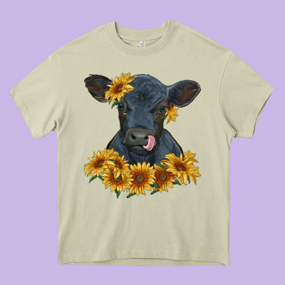 Heavy Core Tee black angus calf with sunflowers
