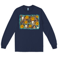 Navy cow skull sunflower background Long Sleeve Tee - AdoDesignShop