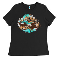 Black cowhide leopard turquoise patch Ladies Tee - AdoDesignShop