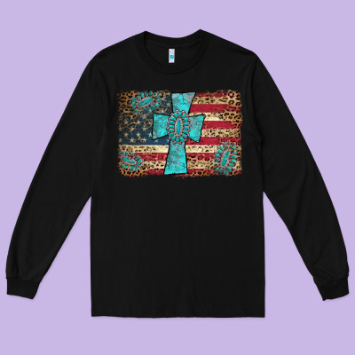 Flag And Turquoise Cross Long Sleeve Tee Designed By Adodesignshop