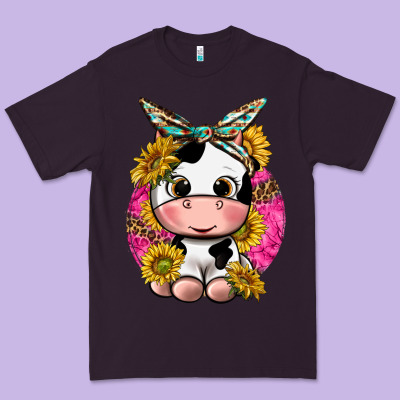 Premium Tee cut cow with sunflower and leopard  pink