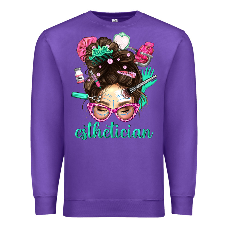 Esthetician Messy Bun With Pink Leopard Glasses Bbs Premium Sweatshirt by BundleAndBundleShop | Teevron