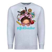 Heather Grey Best Teacher Messy Bun Bbs Premium Sweatshirt - BundleAndBundleShop