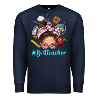 Navy Best Teacher Messy Bun Bbs Premium Sweatshirt - BundleAndBundleShop