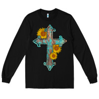 Black turquoise sunflower cross Long Sleeve Tee - AdoDesignShop