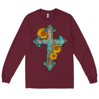 Burgundy turquoise sunflower cross Long Sleeve Tee - AdoDesignShop
