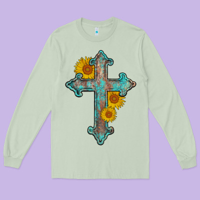 Turquoise Sunflower Cross Long Sleeve Tee Designed By Adodesignshop