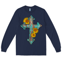 Navy turquoise sunflower cross Long Sleeve Tee - AdoDesignShop