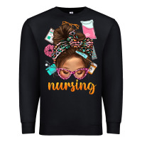 Black Messy Bun Nursing With Leopard Glasses Bbs Premium Sweatshirt - BundleAndBundleShop