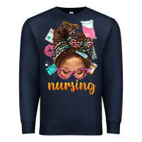 Navy Messy Bun Nursing With Leopard Glasses Bbs Premium Sweatshirt - BundleAndBundleShop