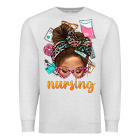 Oatmeal Heather Messy Bun Nursing With Leopard Glasses Bbs Premium Sweatshirt - BundleAndBundleShop
