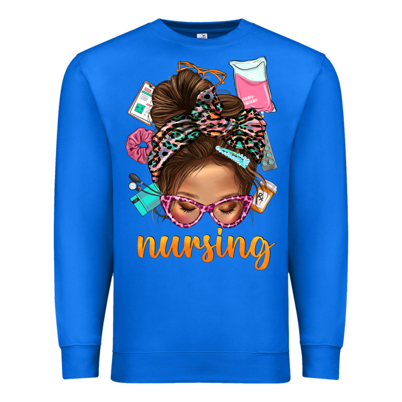 Messy Bun Nursing With Leopard Glasses Bbs Premium Sweatshirt by BundleAndBundleShop | Teevron