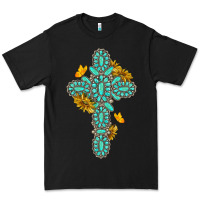 Black gemstone cross with sunflowers and butterflies Premium Tee - texasbilliewilder