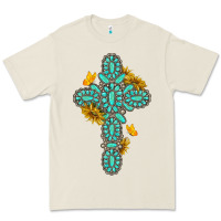 Bone gemstone cross with sunflowers and butterflies Premium Tee - texasbilliewilder
